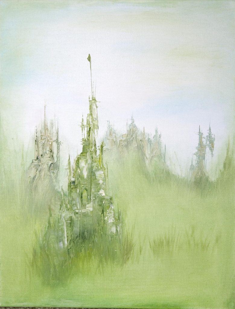 "Grasslands" - Part of a series of fantasy paintings depicting an ancient alien civilization on an abandoned planet. These paintings use large brushes and palette knives to suggest detail using oil paints, rather than deliberate re-creation of detail with fine brushes. Oil on stretched canvas. 2006