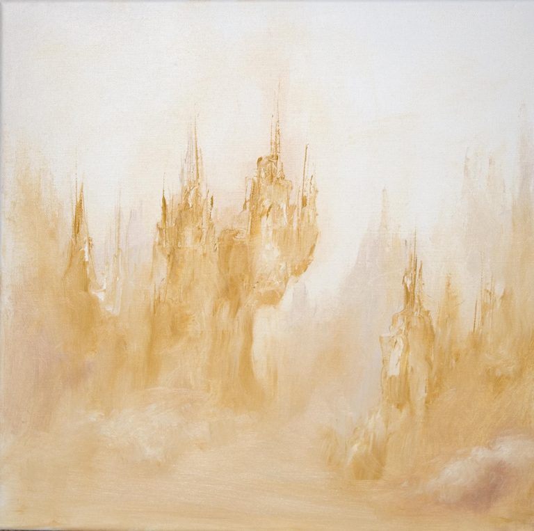 "Dust Part 1" - Part of a series of fantasy paintings depicting an ancient alien civilization on an abandoned planet. These paintings use large brushes and palette knives to suggest detail using oil paints, rather than deliberate re-creation of detail with fine brushes. Oil on stretched canvas. 2006