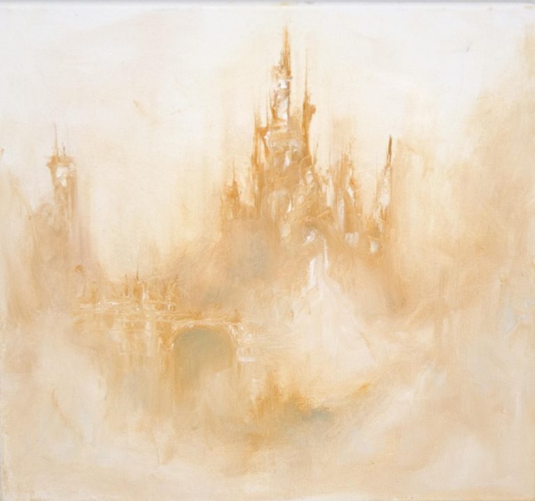 "Dust Part 2" - Part of a series of fantasy paintings depicting an ancient alien civilization on an abandoned planet. These paintings use large brushes and palette knives to suggest detail using oil paints, rather than deliberate re-creation of detail with fine brushes. Oil on stretched canvas. 2006