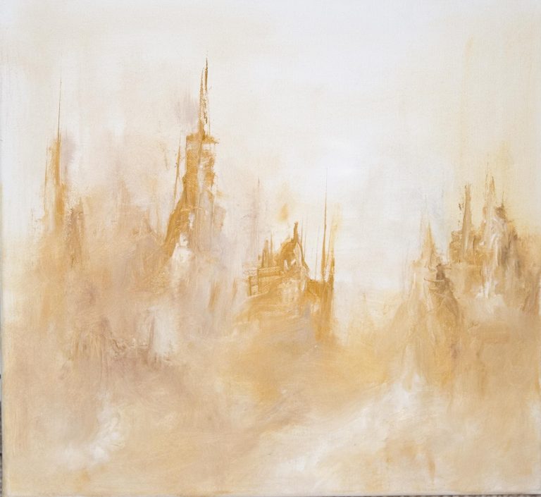 "Dust Part 3" - Part of a series of fantasy paintings depicting an ancient alien civilization on an abandoned planet. These paintings use large brushes and palette knives to suggest detail using oil paints, rather than deliberate re-creation of detail with fine brushes. Oil on stretched canvas. 2006