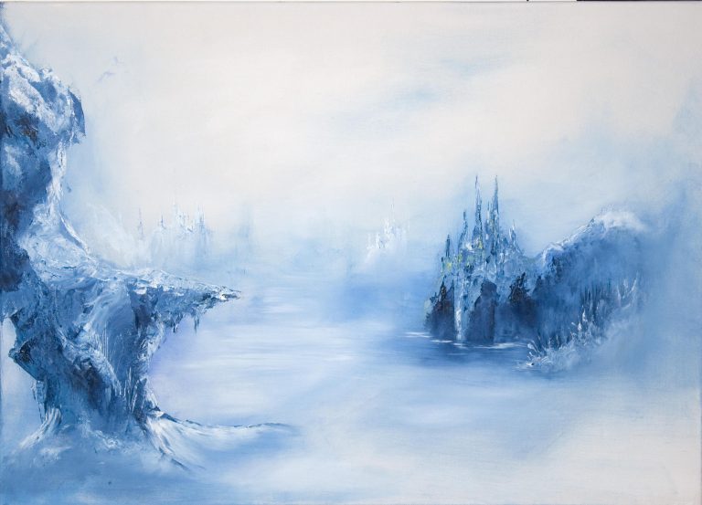"Under The Sea". Part of a series of fantasy paintings depicting an ancient alien civilization on an abandoned planet. These paintings use large brushes and palette knives to suggest detail using oil paints, rather than deliberate re-creation of detail with fine brushes. Oil on stretched canvas. 2006